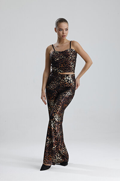 Sense Wide Leg Sequin Pants |   Pnt32440 Black Bronze Leopard