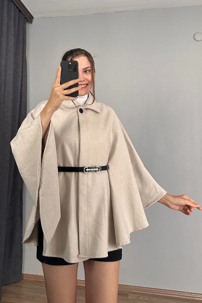 LİMABEL Lima Women's Waist Belted Cashmere Cream Poncho New Season Stylish Oversized Trendy and Comfortable Modern Outerwear