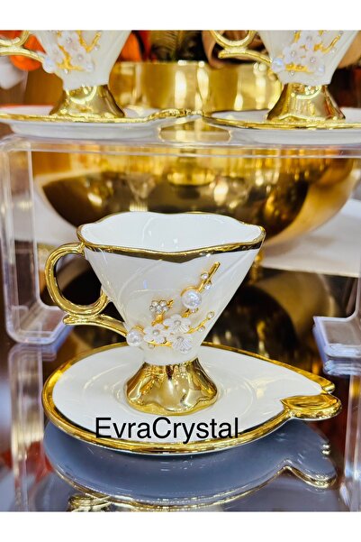 EVRA 6 Kişilik Yaldızlı İnci Taşlı Gold Fincan Takımı