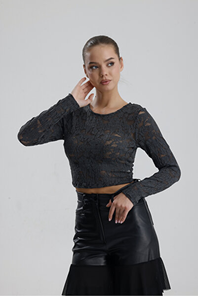Sense Lace Long Sleeve Crop Blouse |   Bust36259 Gray