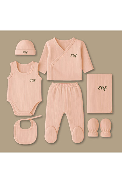 Tesbihane İsme Özel Nakışlı Pembe Müslin Kumaştan 7 li Yenidoğan Hastane Çıkış Bebek Takımı