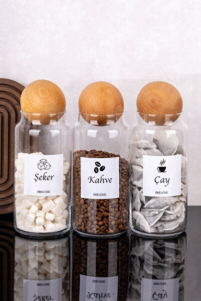 dnshome 3'lü Ahşap Top Kapaklı Etiketli Çay Şeker Kahve Saklama Kavanozu Cam ...