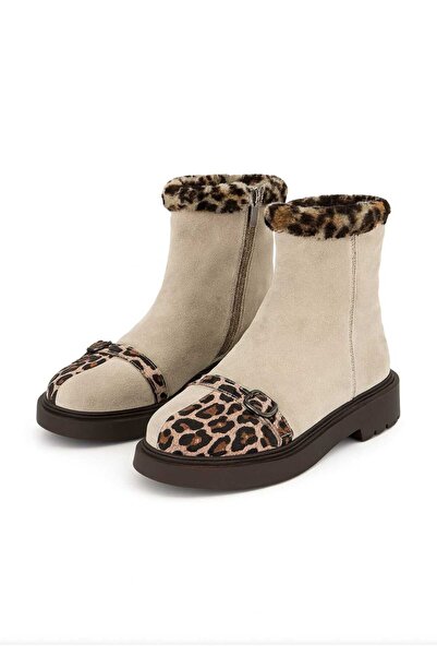 Mira Leopar Detaylı Bej Deri Kadın Bot