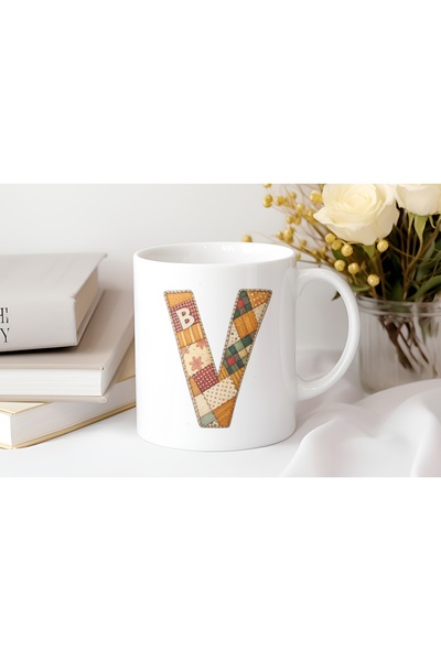 Beramussa Letter V Autumn Winter Themed Patchwork Design Mug - Special Gift for Ethnic and Patchwork Lovers
