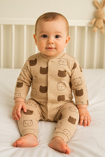 BEREKET BABY Organic Cotton Long Sleeve Baby Romper – Patterned Front Buttone...