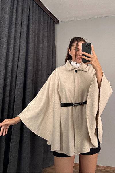 LİMABEL Lima Women's Waist Belted Cashmere Cream Poncho New Season Stylish Oversized Trendy and Comfortable Modern Outerwear