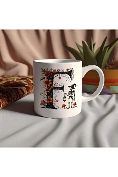 Beramussa كوب على شكل حرف F مع قبعة وهيكل عظمي وزهور - هدية خاصة للهالوين