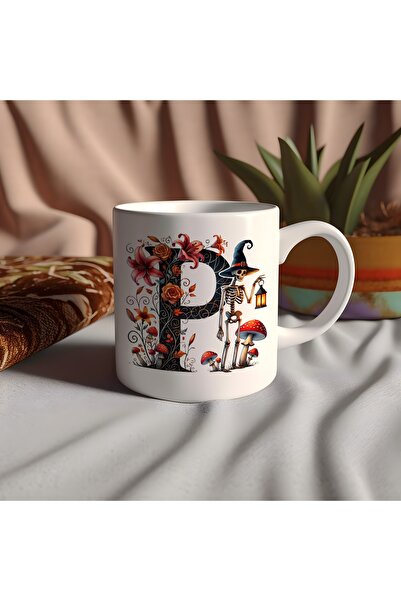 Beramussa كوب على شكل حرف P مع قبعة وهيكل عظمي وزهور - هدية خاصة للهالوين