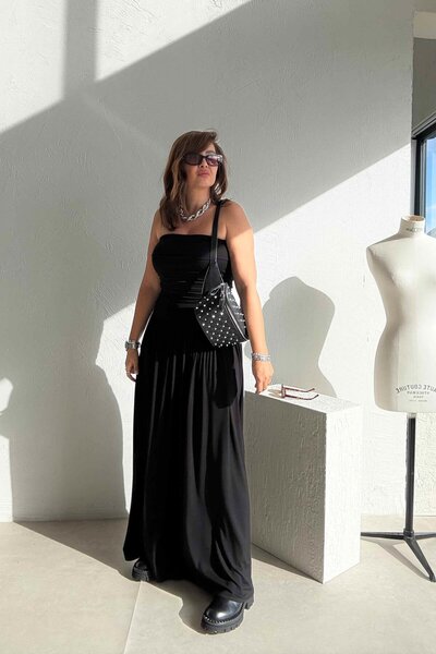 ELVAN TOLON Siyah Drapeli Straplez Elbise