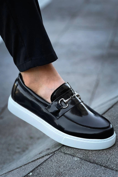 Zerenyus Zrk-027 Laceless Black and White Patent Leather H Casual Men's Classic Shoes