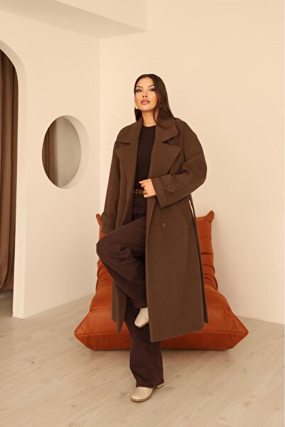 Leo Ferre Women's Brown Cashmere Double-Breasted Collar Long Coat.