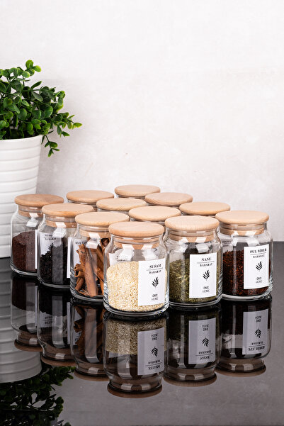DNS HOME 12-Piece Glass Spice Jar Set with Wooden Vacuum Lid Spice Label Jar Set 300 ml