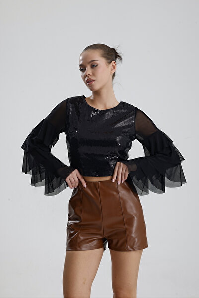 Sense Suni Deri Yüksek Bel Şort | ŞRT34533 Taba