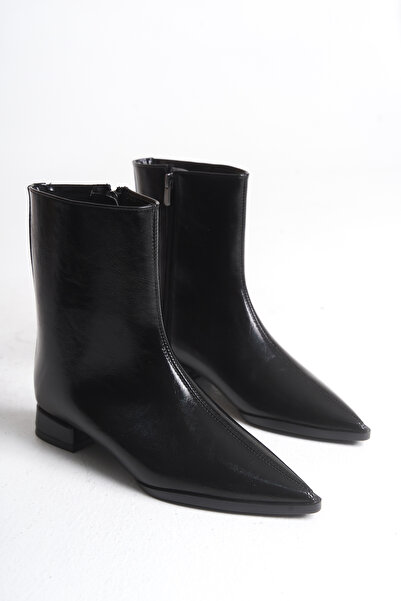 Long Star Kadın Siyah Sivri Burun Düşük Topuklu Fermuarlı Suni Deri Günlük Ofis ve Kışlık Bot Rugan