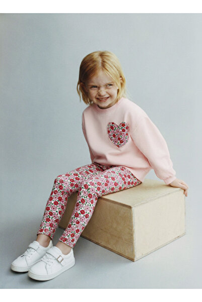 Magu Σετ κοριτσίστικο βαμβακερό φούτερ με σχέδιο καρδιάς και κολάν με λουλούδια