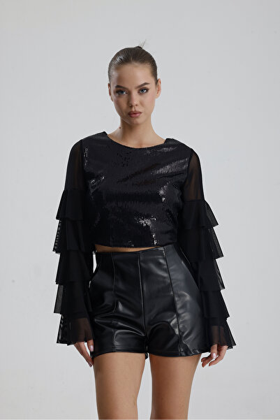 Sense Suni Deri Yüksek Bel Şort | ŞRT34533 Siyah