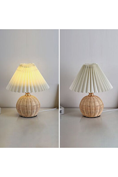 burenze Modern Abajur Premium Krem Kumaş Umbrella Abajur Rattan Hasır Bambu Gövde Masa Lambası