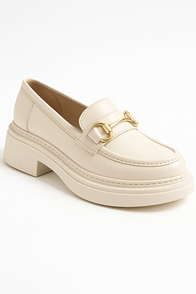 Ekonomik Ayakkabı Kadın Tokalı Loafer – Krem, Kalın Taban Mokasen, Günlük Rahat Ayakkabı