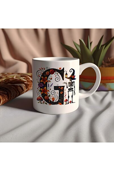 Beramussa كوب على شكل حرف G مع قبعة وهيكل عظمي وزهور - هدية خاصة للهالوين