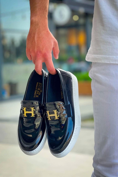 Zerenyus Zrk-027 Laceless Black and White Patent Leather H Casual Men's Classic Shoes