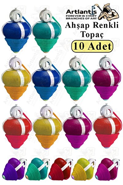 Artlantis Ahşap Topaç 10 Adet Renkli Kaliteli Ahşap Topaç İpli Dönene Zilli Ağaç Topaç Nostaljik Oyuncak Gelen