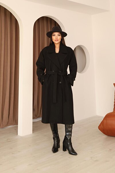 Leo Ferre Black Women's Cashmere Double-Breasted Collar Long Coat.