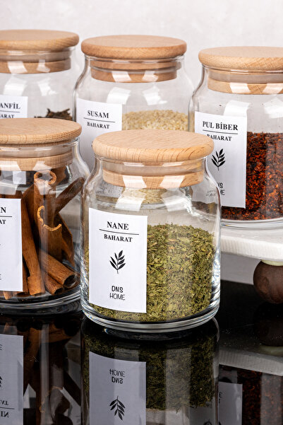 DNS HOME 6-Piece Glass Spice Jar Set with Wooden Vacuum Lid Spice Jar Set with Labels 300 ml