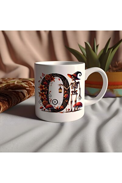 Beramussa Letter O Mug with Skeleton Figure and Flowers - Halloween Special Gift