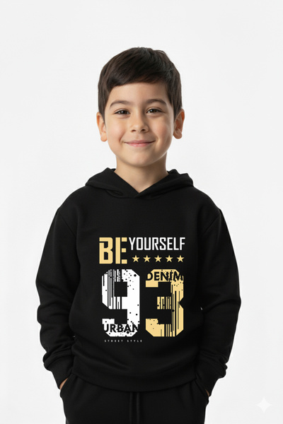 Let's Wear Be Yourself Printed Children's Hooded Premium Compact Sweatshirt Tracksuit Set with Pockets and Drawstrings