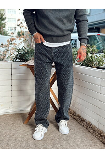 manch collection Pantaloni de denim obișnuiți cu model în relief, negri