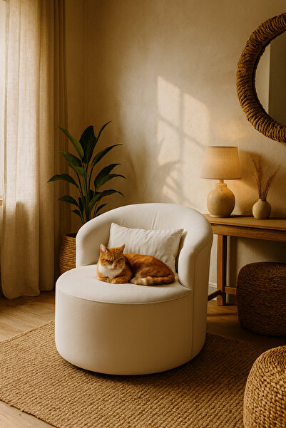 S Home Design Concept Cherry Döner Berjer, Yonsuz Kadife, Kirik Beyaz, Pati dostu