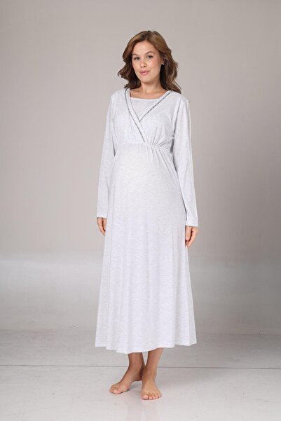 Lohussa Kadın Gri Jakarlı Şal Yaka Tam Boy Kışlık Uzun Kol Özel Tasarım Lohusa Hamile Sabahlık Gecelik Seti