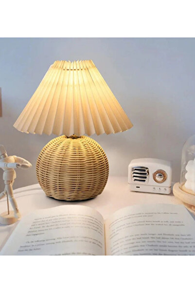 burenze Modern Abajur Premium Krem Kumaş Umbrella Abajur Rattan Hasır Bambu Gövde Masa Lambası