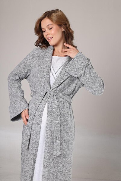Lohussa Kadın Gri Jakarlı Şal Yaka Tam Boy Kışlık Uzun Kol Özel Tasarım Lohusa Hamile Sabahlık Gecelik Seti