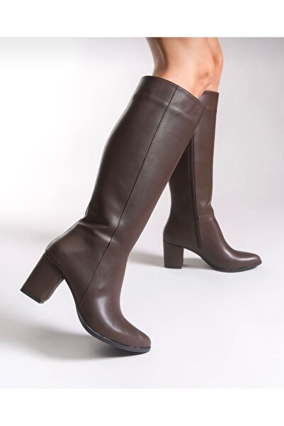 Taf Shoes Kadın Acı Kahve 7cm Topuklu Deri Görünümlü Çizme Kahverengi