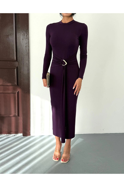 asfamoda Kadın Mor Bisiklet Yaka Gold Aksesuarlı Kuşaklı Uzun Boy Vucudu Sara...