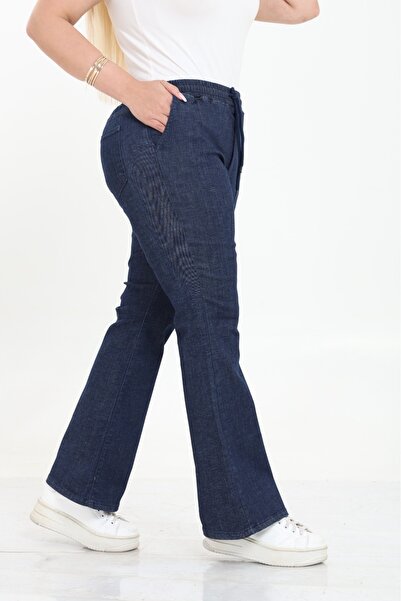 Era Lisa Beli Lastikli İspanyol Paça Likralı Rahat Kalıp Yüksek Bel Büyük Beden Kot Pantolon