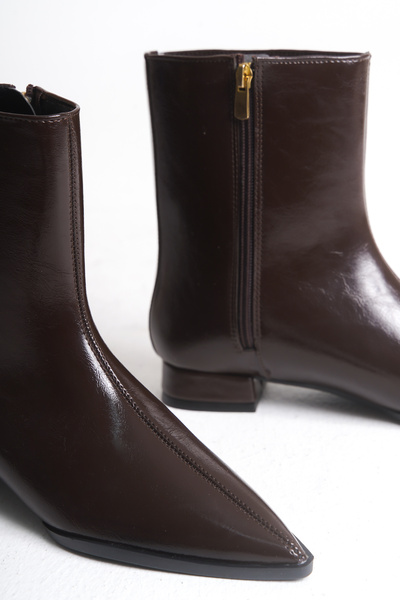 Long Star Kadın Kahve Rugan Sivri Burun Düşük Topuklu Fermuarlı Suni Deri Günlük Ofis ve Kışlık Bot