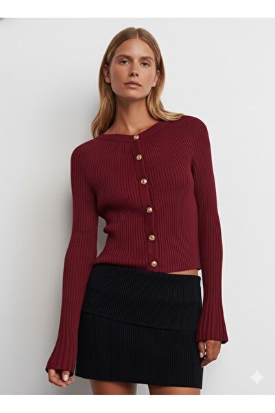 Dilvin 60246 Crew Neck Buttoned Spanish Sleeve Knitwear Cardigan-Darkred(Bordo)