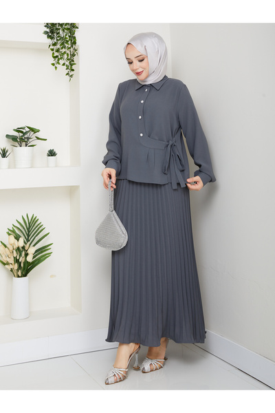 Monchoix Women's Side Tie Plus Size Pleated Skirt Double Suit