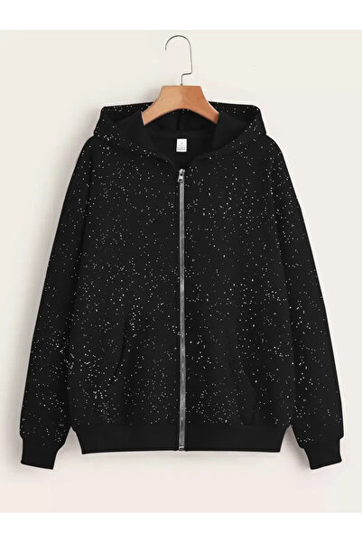 Gofeel Parıltılı Taş Baskılı Kapüşonlu Oversize 3 İplik Hırka