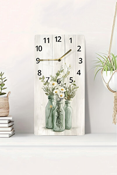 kutuTR Rustik Yeşil Şişelerde Papatya Desenli Temperli Cam Tablo Saat 30x60 c...