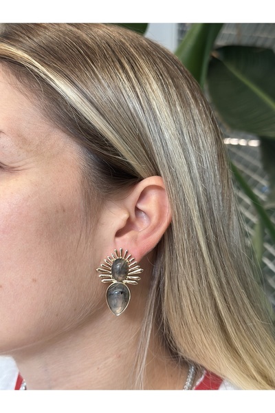 Tasarım Özel Seri Gri Taşlı Gold Küpe