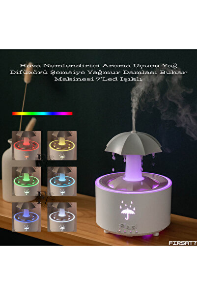 Fırsat7 Dekoratif Şemsiye Hava Nemlendirici Aroma Difüzörü 7 Led'li Yağmur Damlası Buhar Makinesi Led Işık