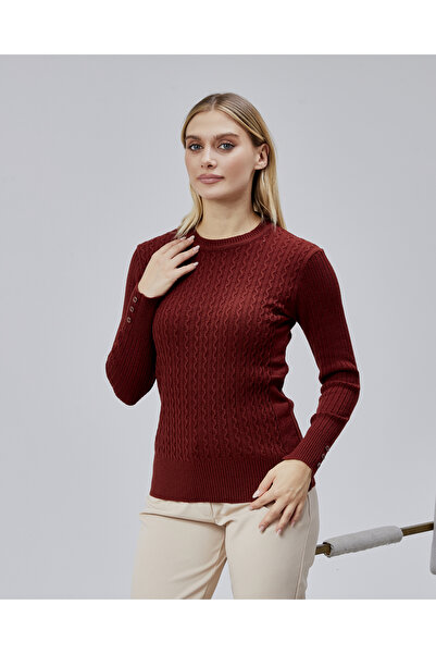 Jinx Wear Fashion Sıfır Yaka Saç Örgü Düğme Detaylı Kadın Trend Triko Kazak