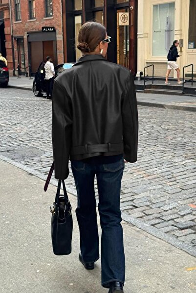 ELBA STİL Siyah Kemerli Suni Deri Kadın Ceket