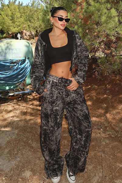 Eyyo Black Joelle Patterned Tracksuit Set Ate-3642