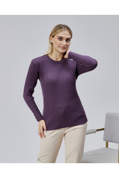 Jinx Wear Fashion Sıfır Yaka Saç Örgü Düğme Detaylı Kadın Trend Triko Kazak