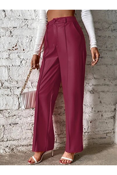buğrahayalin Women's Wide Cut Lame Leather Trousers with Front Zipper Pockets