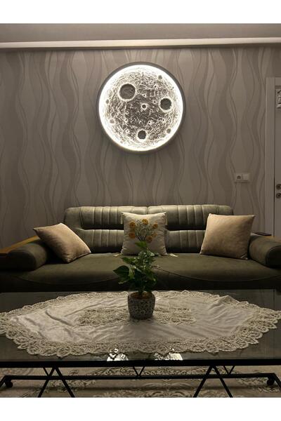 Moon 90 cm dolunay tablo metal mat siyah çerçeveli gün ışığı ledli kumandalı